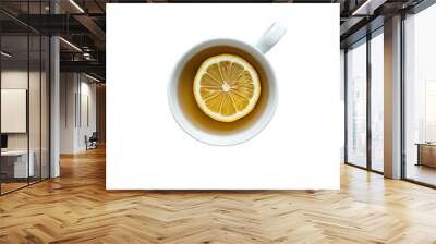 A top down view of a tea cup and pot adorned with a slice of lemon set against a sleek grey backdrop stands out in isolation against a transparent background Wall mural