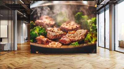 A wok filled with sizzling steak and fresh broccoli cooking on a stove. The meat is being seared to perfection while the broccoli is slowly steaming, creating a delicious aroma in the kitchen. Wall mural