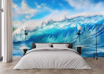 Abstract blue waves crash against the sandy beach creating a breathtaking summer scene that entices people to travel and embrace the beauty of nature while enjoying water sports and fitness  Wall mural