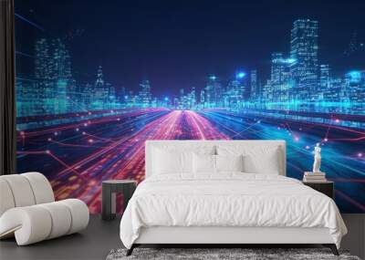 Abstract technology background illustration of a city at night, featuring light trails and wireframe hill in 3D rendering. Wall mural