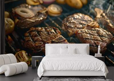 Aerial perspective of grilled ribeye steaks featuring distinct charred grill marks, served alongside sliced onions and potatoes being cooked on an outdoor grill. Wall mural