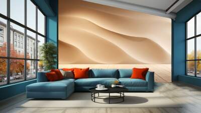 An empty room with a wooden floor resembling a peach landscape, with a wavy wall evoking an aeolian landform. Liquid shadows create a pattern as if singing sands were present Wall mural