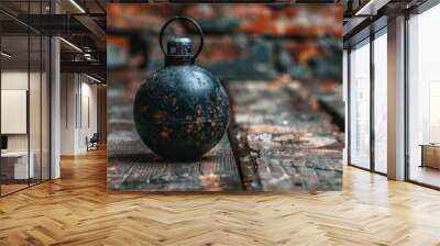 Antique black grenade resting on a wooden surface Wall mural