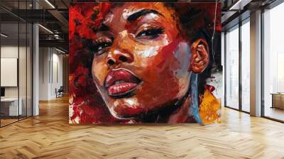 Artwork of a stunning African woman with red hair on canvas, in a pop art style, emphasizing the beauty and fashion. Wall mural