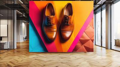 Avant garde fashion concept with stylish brown leather shoes on vibrant backgrounds Wall mural