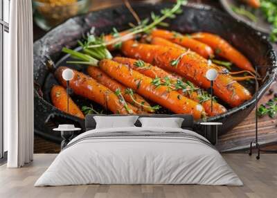 Baby carrots roasted with thyme in a cast iron pan Wall mural