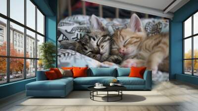 Baby cats napping in a shared bed in a playpen Wall mural