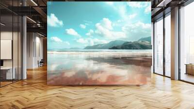 Background Defocused Brown Beach Blue Mountains Sky Water Clouds Wall mural