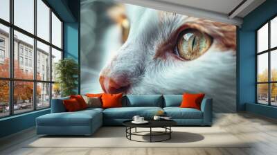 Blurry selective focus of a gorgeous young white and red cat s face Wall mural