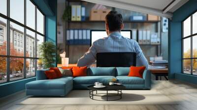 Businessman at office desk completing survey form on computer, seen from behind. Wall mural