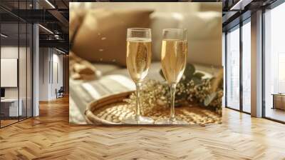 Charming domestic ambiance featuring two glasses of champagne, embodying summer essence. Wall mural