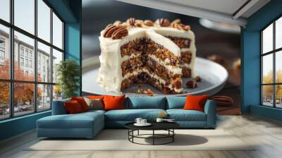 Classic carrot cake topped with rich cream cheese icing, featuring pecans, walnuts, and raisins. Wall mural