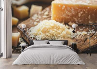 Close-up image of a chunk of grated cheese on a weathered wooden cutting board. Wall mural