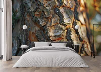 Close up image of sunlit spruce tree bark Wall mural