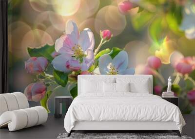 Close up of apple blossoms in sunlight with pink buds and green leaves Wall mural