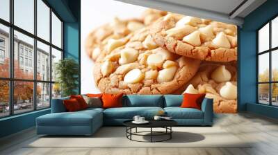 Closeup of homemade white chocolate chip cookies on a white surface, a delicious snack made with staple food ingredients in baked goods cuisine Wall mural