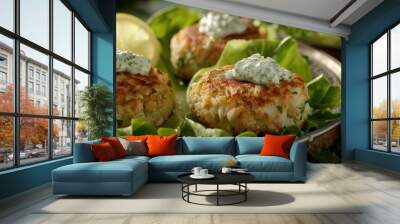 Crab cakes garnished with crisp romaine, sliced lemon, and zesty tartar sauce. Wall mural