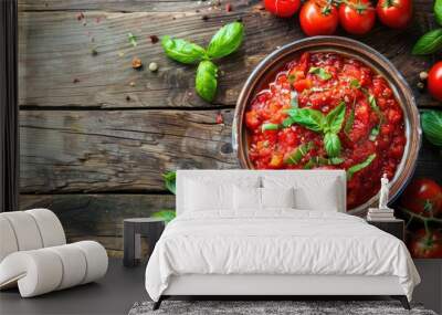 Delightful Tomato Sauce on a Wooden Table in a Vintage Style Setting Wall mural