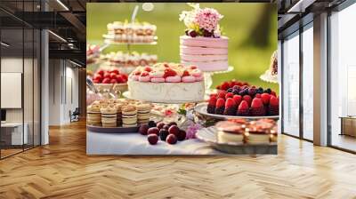 Dessert buffet with homemade treats, outdoors at a wedding. Wall mural