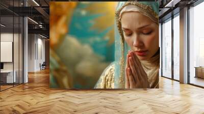 Devoted Girl Seeks Divine Guidance: Pray to Virgin Mary for Blessings and Guidance Wall mural