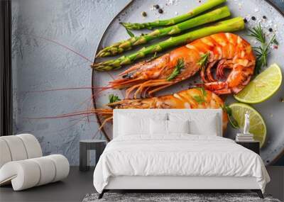 Dish of Three Prepared Large Shrimp Accompanied by Asparagus and Lime Wall mural