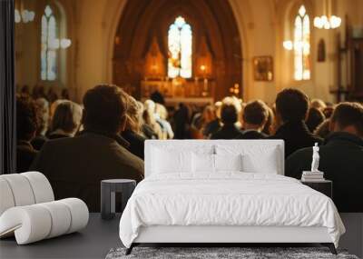 Diverse group of people sitting in a beautifully adorned church during a special occasion Wall mural