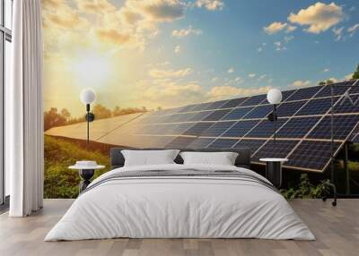 Efficient ecological solar farm with modern photovoltaic solar panels, an alternative electricity source. Wall mural