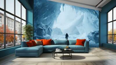 Explorer finding giant frozen fossil in stunning ice cave. Wall mural