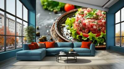 Exquisite beef fillet tartare accompanied by lettuce, tomatoes, and parmesan, presented with capers on a contemporary rustic plate featuring room for text. Wall mural