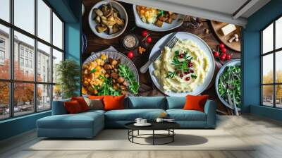 Festive table with baked mashed potatoes, curd cheese, pickled mushrooms. Overhead view. Wall mural