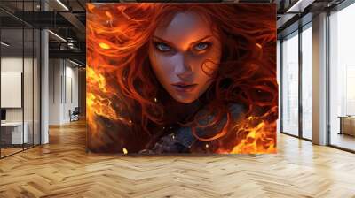 Fiery flames are held by a malevolent red-haired sorceress. Wall mural