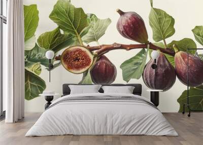 Figs on a fig tree branch with leaves Wall mural