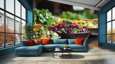 Fresh salad bar buffet at a restaurant offering healthy vegetarian food for lunch or dinner Catering and banquet services available Wall mural