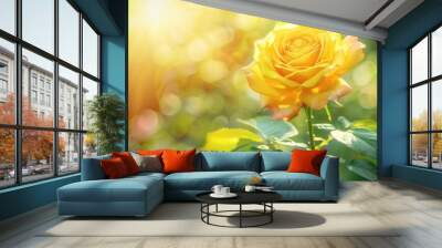 Fresh yellow rose flower on sunny green summer background Wall mural