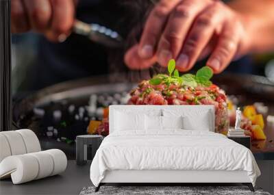 Freshly prepared beef tartare demonstration Wall mural