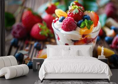 Fruit topped creamy dessert on wooden table Wall mural