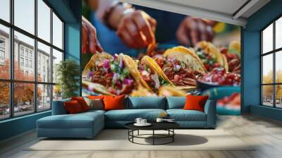 Gathering of individuals relishing flavorful tacos with fresh salsa and a variety of toppings; Classic tacos filled with spicy salsa and delicious al pastor. Wall mural