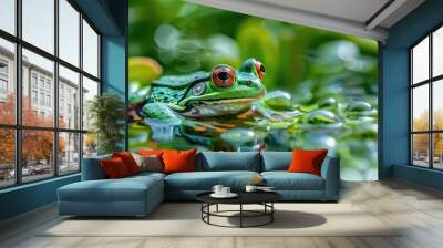 Green pool frog in shallow waters Wall mural