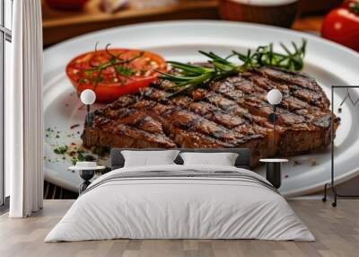 Grilled steak served on a light-colored plate accompanied by fresh tomatoes, ready for final presentation. Wall mural