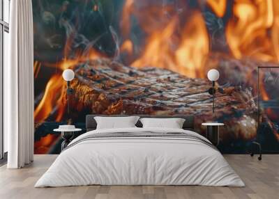 Grilling ribeye steak over open flames with a blurred background. Wall mural