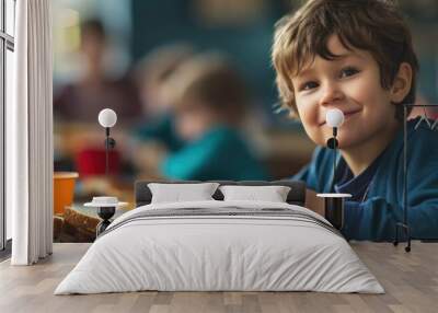 Happy child enjoying his unhealthy meal at school Wall mural