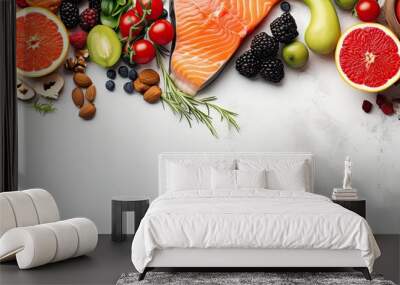 Healthy diet concept with vitamin B rich food on light gray background Top view with copy space Wall mural