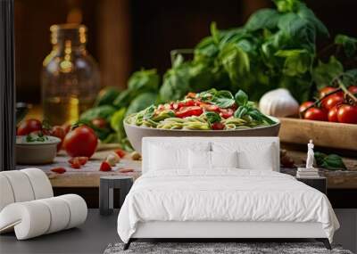 In the background of the cozy kitchen a wooden table adorned with fresh green vegetables showcases the art of cooking a vibrant red pasta dish with tomato sauce made from organic ingredients Wall mural