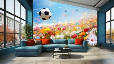 In the background of the summer meadow colorful flowers bloom filling the nature with vibrant hues As children play soccer in the grass under the warm sun the Easter spirit fills the air wi Wall mural