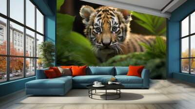 In the beautiful jungle a young baby tiger with striking black and orange stripes poses for a captivating portrait its white fur contrasting against the lush greenery capturing the essence  Wall mural