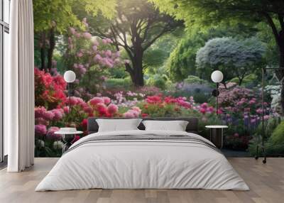 In the colorful garden surrounded by lush green trees and vibrant flowers the blooming pink and red floral display creates a backdrop of natural beauty that perfectly captures the essence o Wall mural