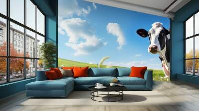 In the picturesque summer landscape a young black and white cow grazes peacefully on the lush green grass of the idyllic farm field adding a cute touch to the vibrant natural background Wall mural