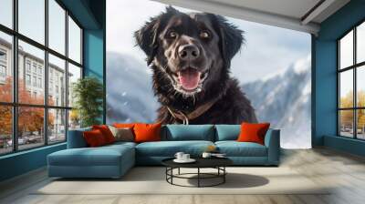 In the picturesque winter mountain setting a cute and funny black dog with sparkling eyes stood out against the pure white snow adding to the beauty of nature s background Its coat resemble Wall mural