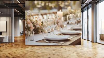 In the serene background of a vintage restaurant a beautifully designed table adorned with white floral arrangements and summer flowers captured the essence of nature and love adding a touch Wall mural