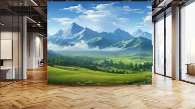 In the summer as I travel the light shines upon a breathtaking landscape with a background of lush green trees flowing grass and majestic mountains covered in a deep shade of blue all under  Wall mural